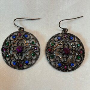 Earrings - dangling vintage style with bright colorful rhinestones.